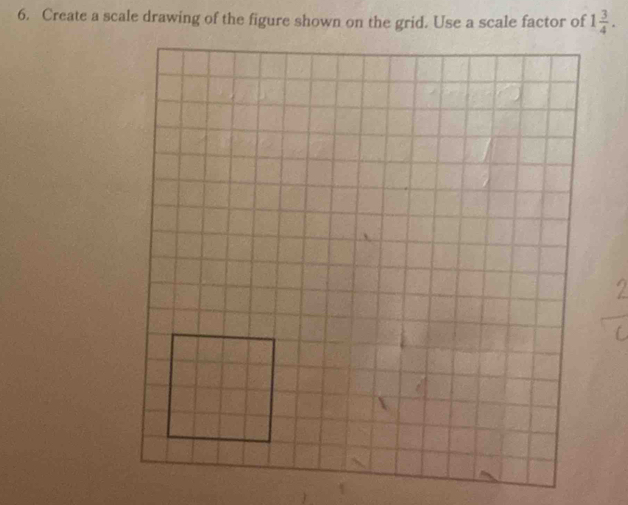 Create a scale drawing of the figure shown on the grid. Use a scale factor of 1 3/4 .