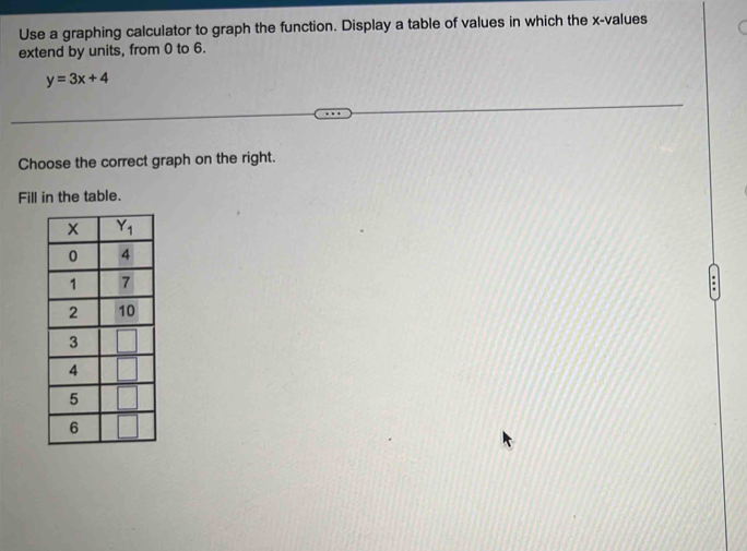 Use a graphing calculator to graph the function. Display a table of values in which the x-values
extend by units, from 0 to 6.
y=3x+4
Choose the correct graph on the right.
Fill in the table.