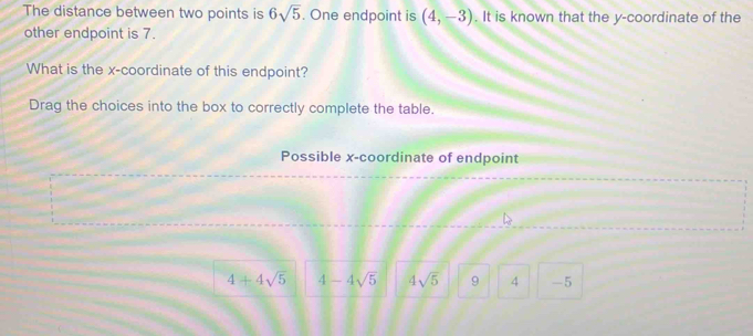 The distance between two points is 6sqrt(5). One endpoint is (4,-3). It is known that the y-coordinate of the
other endpoint is 7.
What is the x-coordinate of this endpoint?
Drag the choices into the box to correctly complete the table.
Possible x-coordinate of endpoint
4+4sqrt(5) 4-4sqrt(5) 4sqrt(5) 9 4 -5