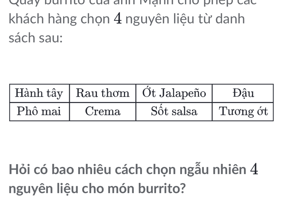 Quay bunto của anh Mạnh cho phep các 
khách hàng chọn 4 nguyên liệu từ danh 
sách sau: 
Hỏi có bao nhiêu cách chọn ngẫu nhiên 4
nguyên liệu cho món burrito?