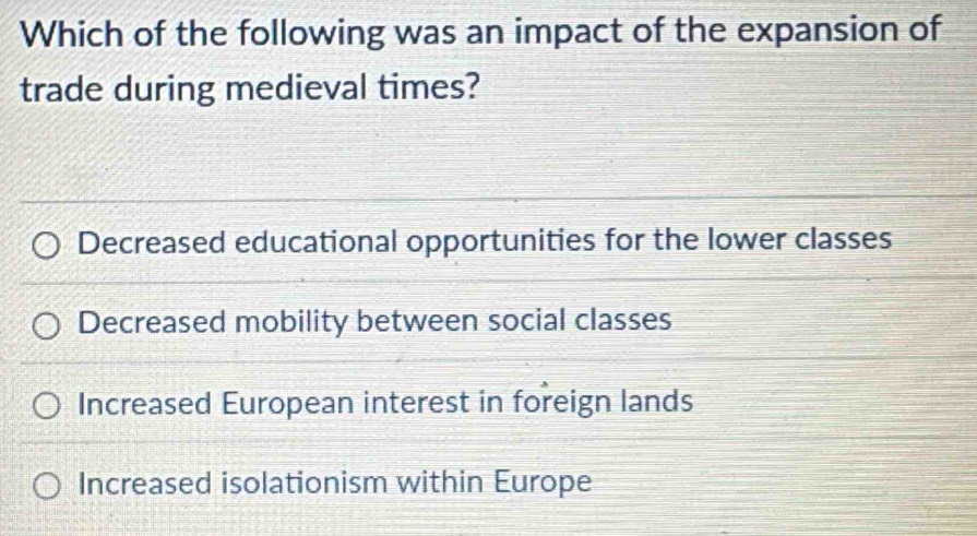 Solved: Which of the following was an impact of the expansion of trade ...