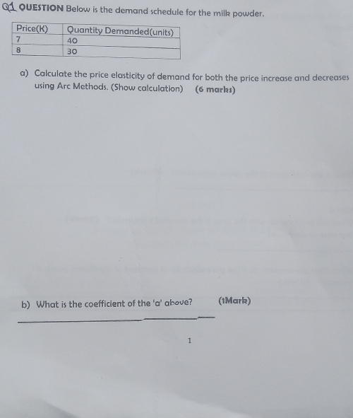 QUESTION Below is the demand schedule for the milk powder. 
a) Calculate the price elasticity of demand for both the price increase and decreases 
using Arc Methods. (Show calculation) (6 marks) 
b) What is the coefficient of the ‘ a ’ above? (1Mark) 
_ 
_ 
_ 
1