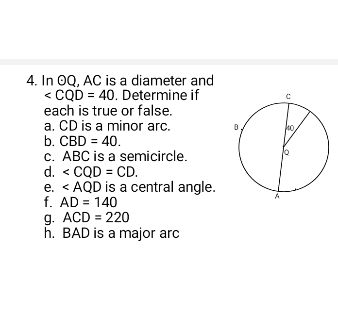 In odot Q , AC is a diameter and
∠ CQD=40. Determine if 
each is true or false. 
a. CD is a minor arc. 
b. CBD=40. 
c. ABC is a semicircle. 
d. ∠ CQD=CD. 
e. ∠ AQD is a central angle. 
f. AD=140
g. ACD=220
h. BAD is a major arc