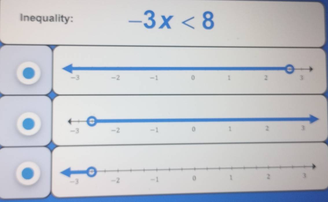 Inequality:
-3x<8</tex>