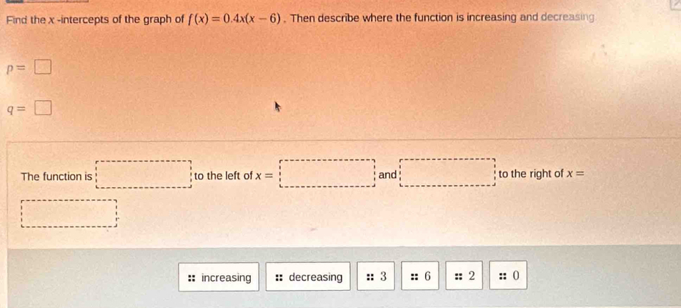 Find the x -intercepts of the graph of f(x)=0.4x(x-6). Then describe where the function is increasing and decreasing
p=□
q=□
The function is □ to the left of x=□ and □ to the right of x=
□ 
increasing decreasing :: 3 :: 6 :: 2;; 0