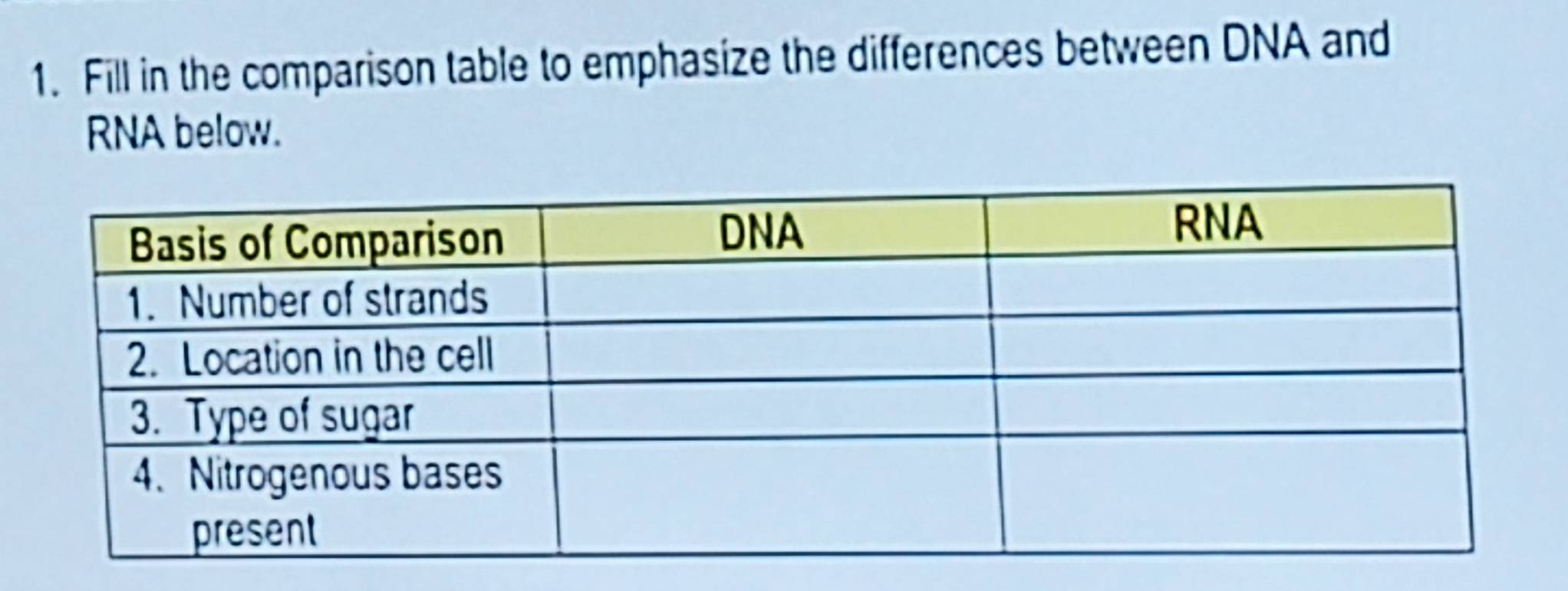 Fill in the comparison table to emphasize the differences between DNA and 
RNA below.