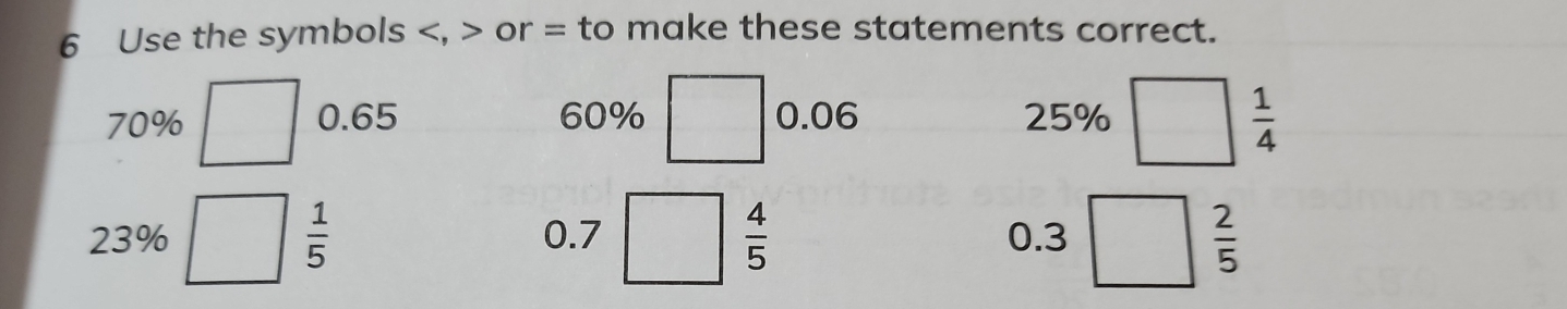 Use the symbols , or = to make these statements correct.
70% 0.65 60% 0.06 25%
 1/4 
 1/5 
 4/5 
23% 0.7 0.3
 2/5 