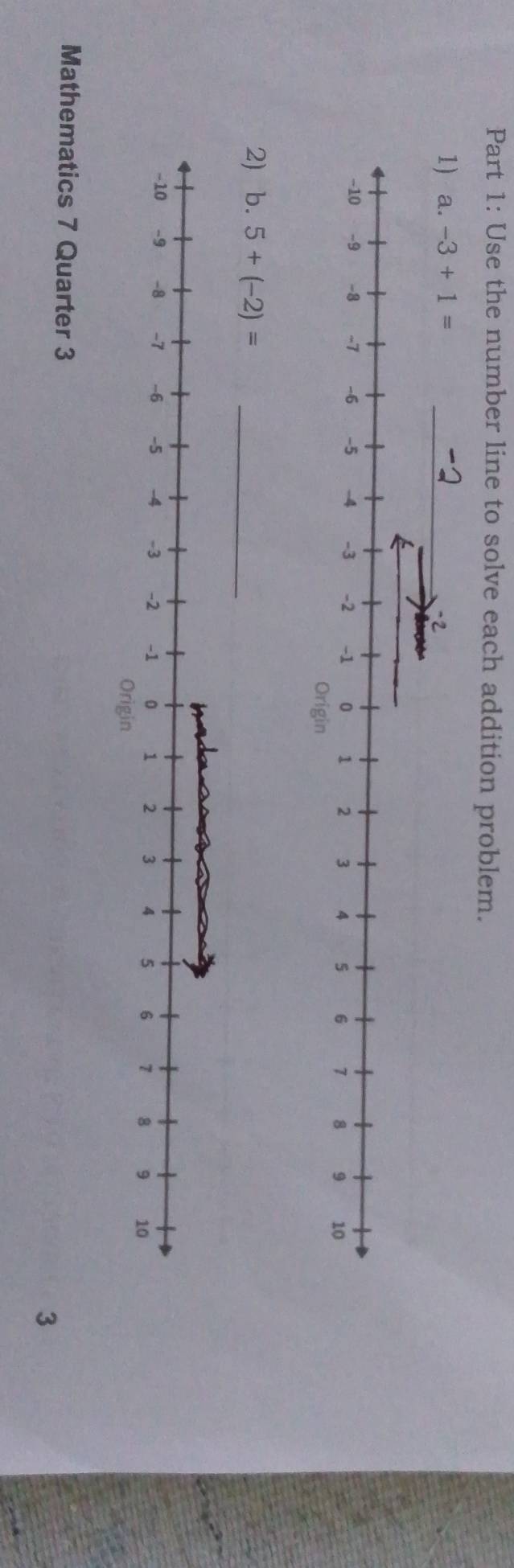 Use the number line to solve each addition problem.
2) b. 5+(-2)= _
Mathematics 7 Quarter 3
3