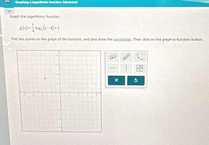 Graphing a logarithmic function: Advanced 
Graph the logarithmic function.
g(x)= 1/4 log _3(x-4)+1
Plot two points on the graph of the function, and also draw the asymptote. Then click on the graph-a-function button, 
. 
×