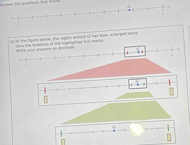 Answer the questions that follow. 
(a)In the figure below, the region around G has been enlarged twice. 
ons of the highlighted tick marks.