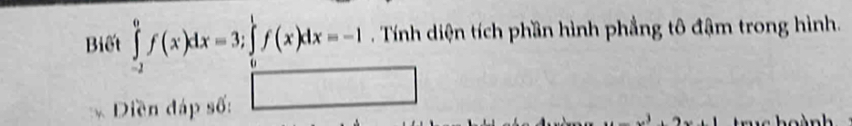 Biết ∈tlimits _(-2)^0f(x)dx=3; ∈tlimits _0^(1f(x)dx=-1 Tính diện tích phần hình phẳng tô đậm trong hình.
□ 
Diền đáp số:
x^3)+2x+1 c hoành
