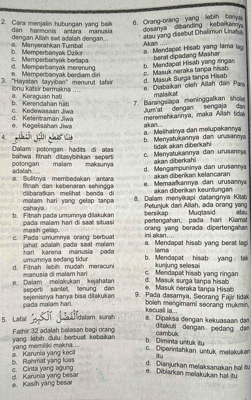 Cara menjalin hubungan yang baik 6. Orang-orang yang lebih banyak
dan harmonis antara manusia dosanya dibanding kebaikannya
dengan Allah swt adalah dengan...
atau yang disebut Dhalimun Linafsih
a. Menyerahkan Tumbal
Akan ...
b. Memperbanyak Dzikir
a. Mendapat Hisab yang lama lagi
c. Memperbanyak bertapa
berat dipadang Mashar
d. Memperbanyak merenung
b. Mendapat Hisab yang ringan
e. Memperbanyak berdiam diri
c. Masuk neraka tanpa hisab
3. “Hayatan tayyiban” menurut tafsir d. Masuk Surga tanpa Hisab
ibnu katsir bermakna ....
e. Diabaikan oleh Allah dan Para
a. Keraguan hati
malaikat
b. Kerendahan hati
7. Barangsiapa meninggalkan sholat
c. Kedewasaan Jiwa
Jum'at dengan sengaja dan
d. Ketentraman Jiwa
meremehkannya, maka Allah tidak
e. Kegelisahan Jiwa akan...
4. a. Melihatnya dan melupakannya
b. Menyatukannya dan urusannya
Dalam potongan hadits di atas
tidak akan diberkahi
bahwa fitnah ditasybihkan seperti c. Menyatukannya dan urusannya
potongan malam maksunya akan diberkahi
adalah.... d. Mengampuninya dan urusannya
a. Sulitnya membedakan antara akan diberikan kelancaran
fitnah dan kebenaran sehingga e. Memaafkannya dan urusannya
diibaratkan melihat benda di akan diberikan keuntungan
malam hari yang gelap tanpa 8. Dalam menyikapi datangnya Kitab
cahaya. Petunjuk dari Allah, ada orang yang
b. Fitnah pada umumnya dilakukan bersikap Muqtasid atau
pada malam hari di saat situasi pertengahan, pada hari Kiamat
masih gelap. orang yang berada dipertengahan 
c. Pada umumnya orang berbuat ini akan....
jahat adalah pada saat malam a. Mendapat hisab yang berat lagi
hari karena manusia pada lama
umumnya sedang tidur b. Mendapat hisab yang tak
d. Fitnah lebih mudah meracuni kunjung selesai
manusia di malam hari c. Mendapat hisab yang ringan
e. Dalam melakukan kejahatan d. Masuk surga tanpa hisab
seperti santet, tenung dan e. Masuk neraka tanpa Hisab
sejenisnya hanya bisa dilakukan 9. Pada dasarnya, Seorang Fajir tidak
pada malam hari.
boleh mengimami seorang mukmin,
kecuali ia...
5. Lafal L dalam surah a. Dipaksa dengan kekuasaan dan
ditakuti dengan pedang dan
Fathir 32 adalah balasan bagi orang cambuk
yang lebih dulu berbuat kebaikan 
b. Diminta untuk itu
yang memiliki makna....
c. Diperintahkan untuk melakukan
a. Karunia yang kecil itu
b. Rahmat yang luas
d. Dianjurkan melaksanakan hal itu
c. Cinta yang agung
d. Karunia yang besar
e. Dibiarkan melakukan hal itu
e. Kasih yang besar