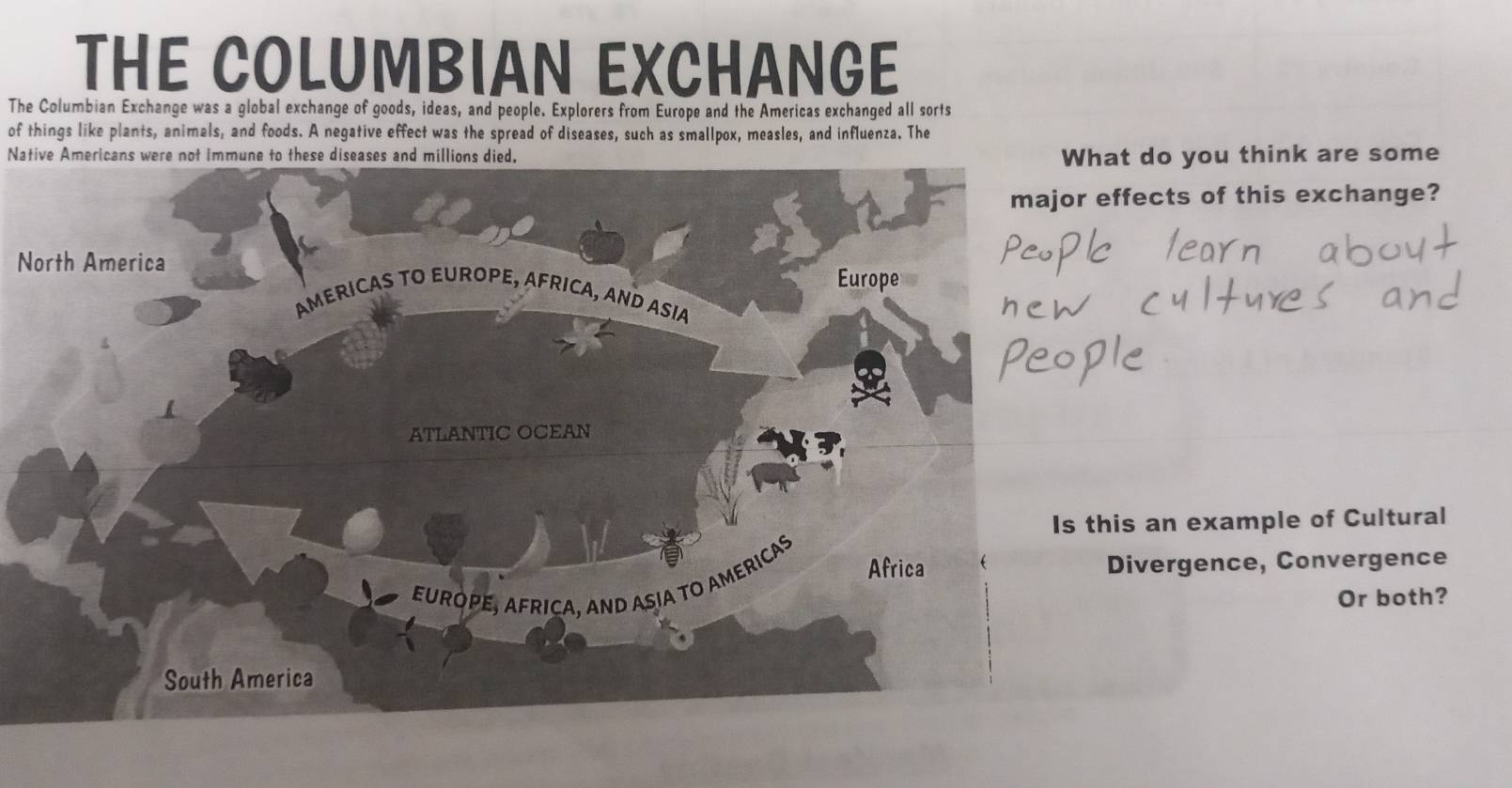 THE COLUMBIAN EXCHANGE 
The Columbian Exchange was a global exchange of goods, ideas, and people. Explorers from Europe and the Americas exchanged all sorts 
of things like plants, animals, and foods. A negative effect was the spread of diseases, such as smallpox, measles, and influenza. The 
Native Americans were not immune to these diseases and millions died.at do you think are some 
ffects of this exchange? 
North America 
is an example of Cultural 
Divergence, Convergence 
Or both?