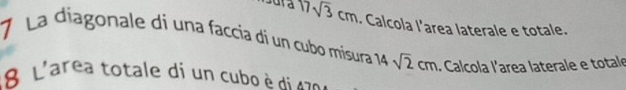 17sqrt(3)cm Calcola l’area laterale e totale. 
7 La diagonale di una faccia dí un cubo misura 14sqrt(2)cm Calcola l'area laterale e totale
18 L'area totale di un cubo è di 470