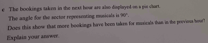 The bookings taken in the next hour are also displayed on a pie chart. 
The angle for the sector representing musicals is 90°. 
Does this show that more bookings have been taken for musicals than in the previous hour? 
Explain your answer.