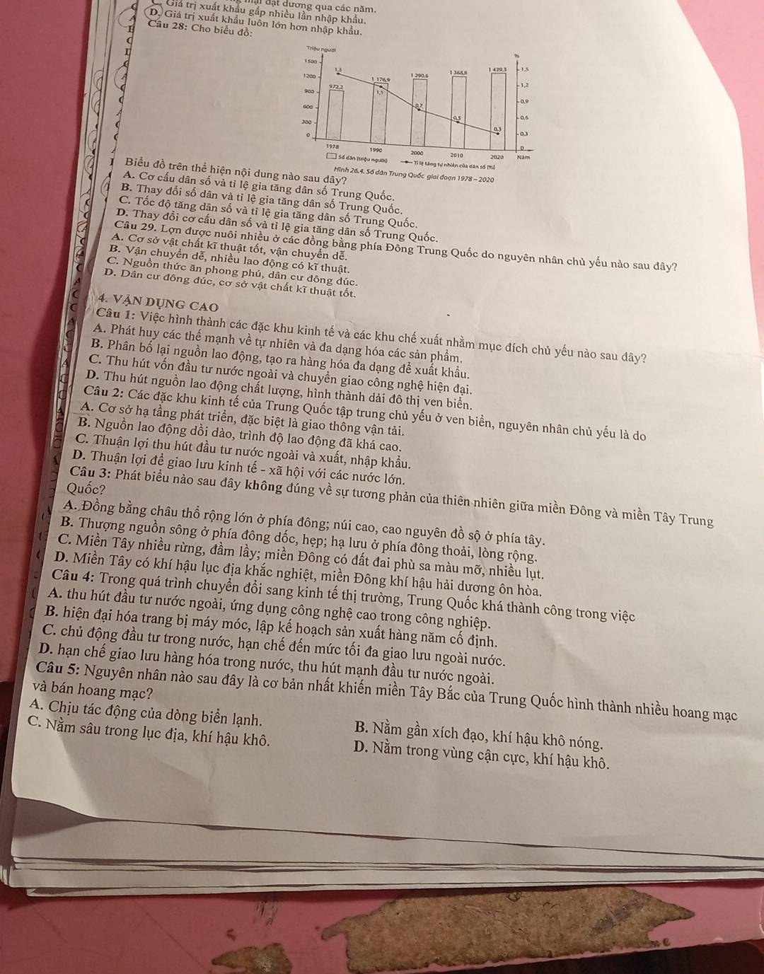 at t ạ t dương qua các năm,
Giả trị xuất khẩu gấp nhiều lần nhập khẩu.
D, Giá trị xuất khẩu luôn lớn hơn nhập khẩu.
Cầu 28: Cho biểu đồ:
Biểu đồ trên thể hiện nội dung nào sau dây?
Trung Quốc giai đoạn 1978 - 2020
A. Cơ cấu dân số và tỉ lệ gia tăng dân số Trung Quốc
B. Thay đổi số dân và tỉ lệ gia tăng dân số Trung Quốc.
C. Tốc độ tăng dân số và tỉ lệ gia tăng dân số Trung Quốc.
D. Thay đổi cơ cấu dân số và tỉ lệ gia tăng dân số Trung Quốc.
Câu 29. Lợn được nuôi nhiều ở các đồng bằng phía Đồng Trung Quốc do nguyên nhân chủ yếu nào sau đây?
A. Cơ sở vật chất kĩ thuật tốt, vận chuyển dễ.
B. Vận chuyển dễ, nhiều lao động có kĩ thuật.
C. Nguồn thức ăn phong phú, dân cư đông đúc.
D. Dân cư đông đúc, cơ sở vật chất kĩ thuật tốt.
4. VậN DụNG CAO
Câu 1: Việc hình thành các đặc khu kinh tế và các khu chế xuất nhằm mục đích chủ yếu nào sau dây?
A. Phát huy các thế mạnh về tự nhiên và đa dạng hóa các sản phẩm.
B. Phân bố lại nguồn lao động, tạo ra hàng hóa đa dạng để xuất khẩu.
C. Thu hút vốn đầu tư nước ngoài và chuyền giao công nghệ hiện đại.
D. Thu hút nguồn lao động chất lượng, hình thành dải đô thị ven biển.
Câu 2: Các đặc khu kinh tế của Trung Quốc tập trung chủ yếu ở ven biển, nguyên nhân chủ yếu là do
A. Cơ sở hạ tầng phát triển, đặc biệt là giao thông vận tải.
B. Nguồn lao động dồi dào, trình độ lao động đã khá cao.
C. Thuận lợi thu hút đầu tư nước ngoài và xuất, nhập khẩu.
D. Thuận lợi để giao lưu kinh tế - xã hội với các nước lớn.
Quốc?
Câu 3: Phát biểu nào sau đây không đúng về sự tương phản của thiên nhiên giữa miền Đông và miền Tây Trung
A. Đồng bằng châu thổ rộng lớn ở phía đông; núi cao, cao nguyên đồ sộ ở phía tây.
B. Thượng nguồn sông ở phía đông dốc, hẹp; hạ lưu ở phía đông thoải, lòng rộng.
C. Miền Tây nhiều rừng, đầm lầy; miền Đông có đất đai phù sa màu mỡ, nhiều lụt.
D. Miền Tây có khí hậu lục địa khắc nghiệt, miền Đông khí hậu hải dương ôn hòa.
Câu 4: Trong quá trình chuyển đổi sang kinh tế thị trường, Trung Quốc khá thành công trong việc
A. thu hút đầu tư nước ngoài, ứng dụng công nghệ cao trong công nghiệp.
B. hiện đại hóa trang bị máy móc, lập kế hoạch sản xuất hàng năm cố định.
C. chủ động đầu tư trong nước, hạn chế đến mức tối đa giao lưu ngoài nước.
D. hạn chế giao lưu hàng hóa trong nước, thu hút mạnh đầu tư nước ngoài.
và bán hoang mạc?
Câu 5: Nguyên nhân nào sau đây là cơ bản nhất khiến miền Tây Bắc của Trung Quốc hình thành nhiều hoang mạc
A. Chịu tác động của dòng biển lạnh. B. Nằm gần xích đạo, khí hậu khô nóng.
C. Nằm sâu trong lục địa, khí hậu khô. D. Nằm trong vùng cận cực, khí hậu khô.