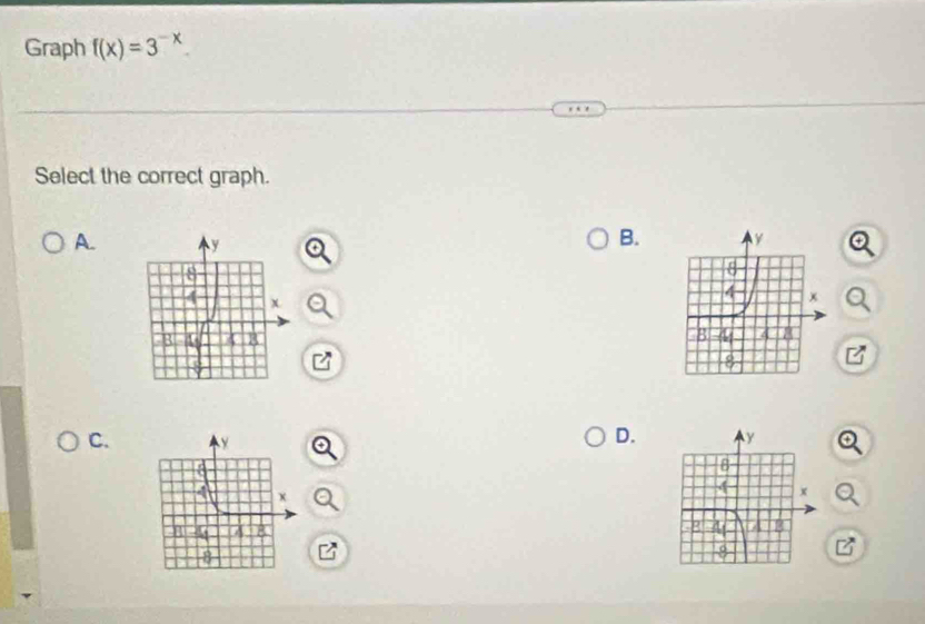 Graph f(x)=3^(-x). 
Select the correct graph. 
A. 
B. 
C. 
D.