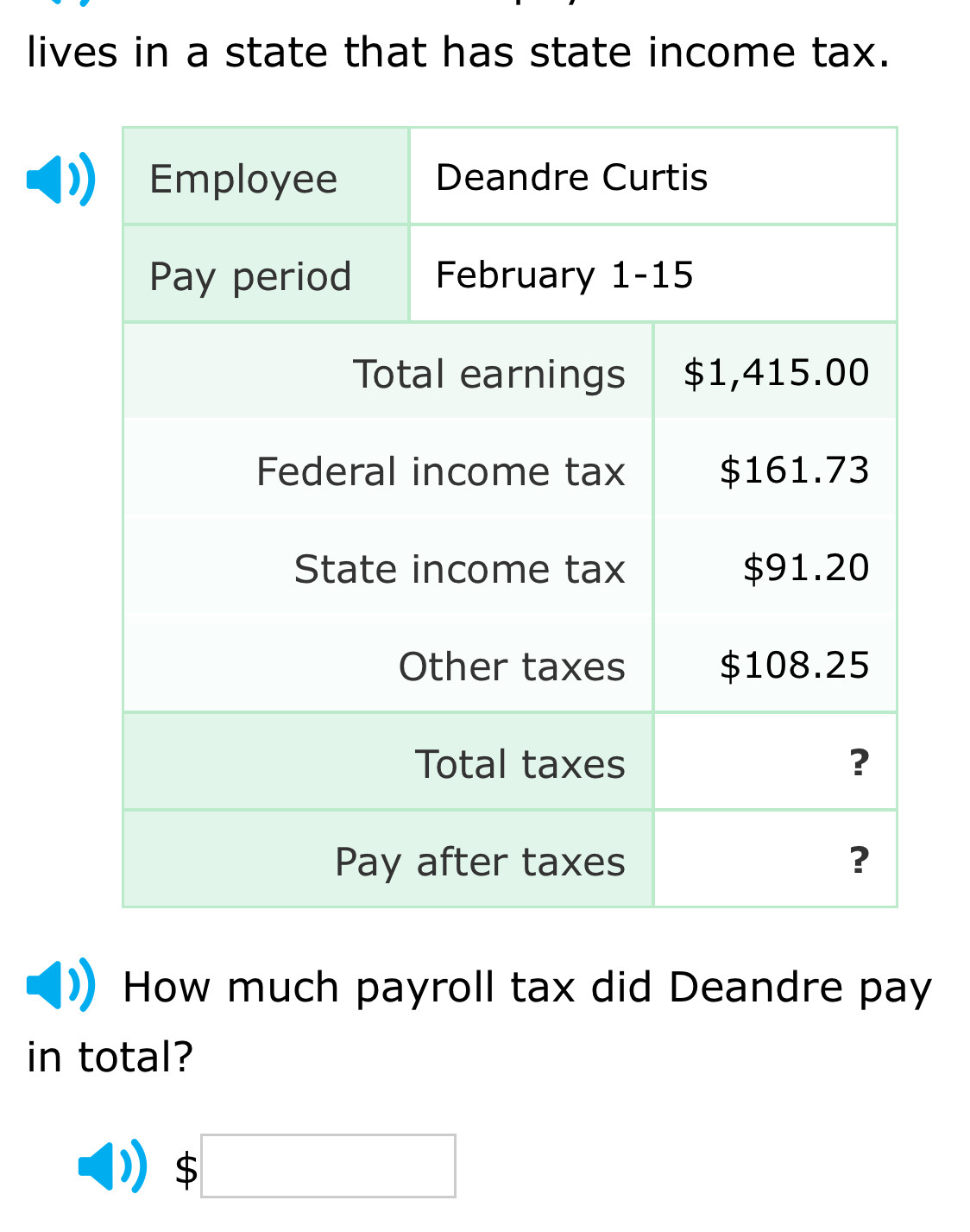 lives in a state that has state income tax. 
How much payroll tax did Deandre pay 
in total?
$□