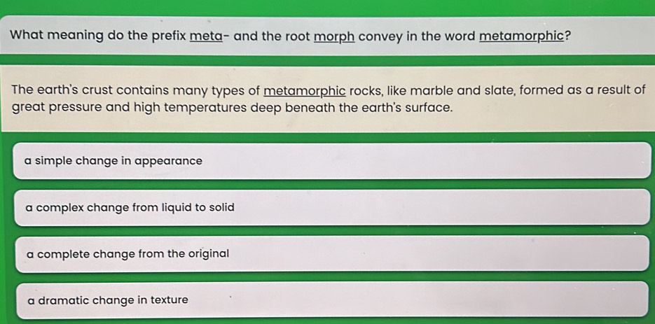 Solved: What meaning do the prefix meta- and the root morph convey in ...
