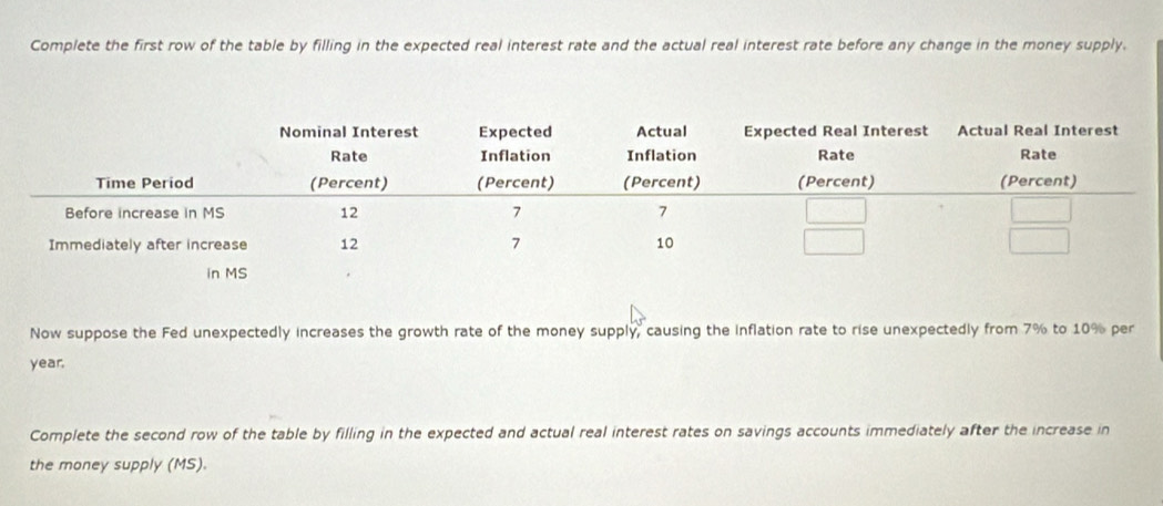 Complete the first row of the table by filling in the expected real interest rate and the actual real interest rate before any change in the money supply. 
Now suppose the Fed unexpectedly increases the growth rate of the money supply, causing the inflation rate to rise unexpectedly from 7% to 10% per
year. 
Complete the second row of the table by filling in the expected and actual real interest rates on savings accounts immediately after the increase in 
the money supply (MS).