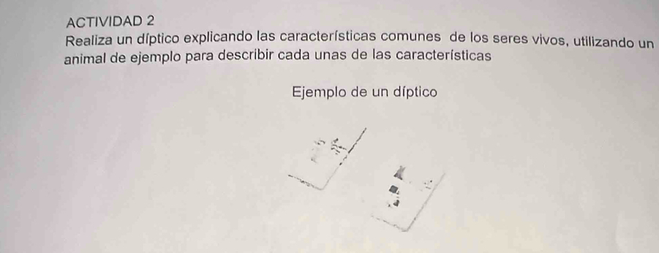 ACTIVIDAD 2 
Realiza un díptico explicando las características comunes de los seres vivos, utilizando un 
animal de ejemplo para describir cada unas de las características 
Ejemplo de un díptico