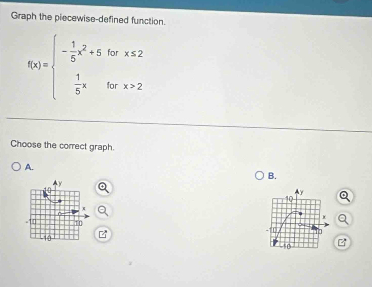 Graph the piecewise-defined function.
f(x)=beginarrayl - 1/5 x^2+5bxx≤ 2  1/5 xbxx>2endarray.
Choose the correct graph. 
A. 
B.