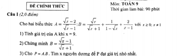 Đề Chính thức Môn: TOÁN 9 
Thời gian làm bài: 90 phút 
Câu I (2,0 điểm) 
Cho hai biểu thức A= (sqrt(x)-2)/sqrt(x)-1  : B= sqrt(x)/sqrt(x)+1 + 1/1-sqrt(x) + 2/x-1  với x≥ 0; x!= 1
1) Tính giá trị của A khi x=9. 
2) Chứng minh B= (sqrt(x)-1)/sqrt(x)+1 . 
3) Cho P=A.B. Tìm x nguyên dương để P đạt giá trị nhỏ nhất.