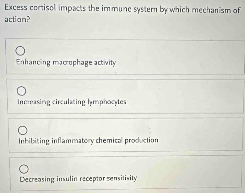 Excess cortisol impacts the immune system by which mechanism of
action?
Enhancing macrophage activity
Increasing circulating lymphocytes
Inhibiting inflammatory chemical production
Decreasing insulin receptor sensitivity