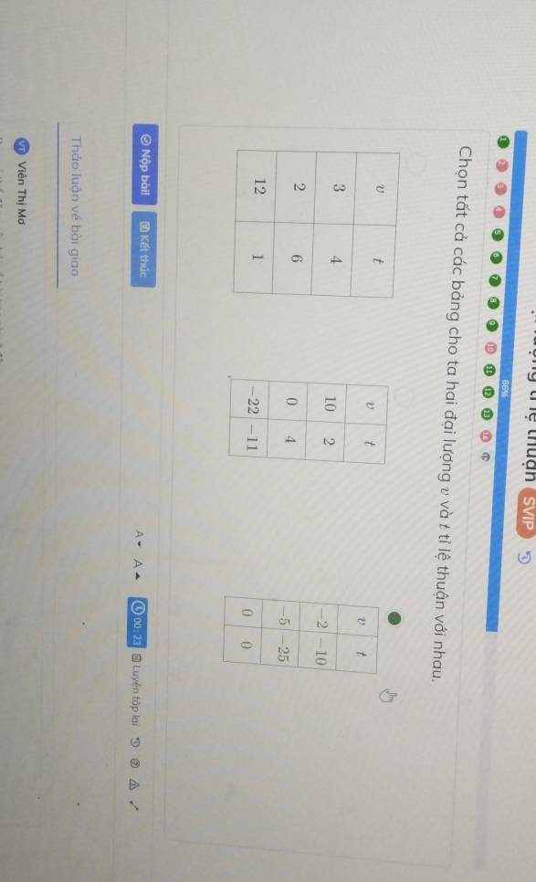 tể thunn SVIP D 
Chọn tất cả các bảng cho ta hai đại lượng v và t tỉ lệ thuận với nhau. 


④ Nộp bài! Kết thúc ④ 00:23 Luyên tập lai 
Thảo luận về bài giao 
Viên Thị Mơ