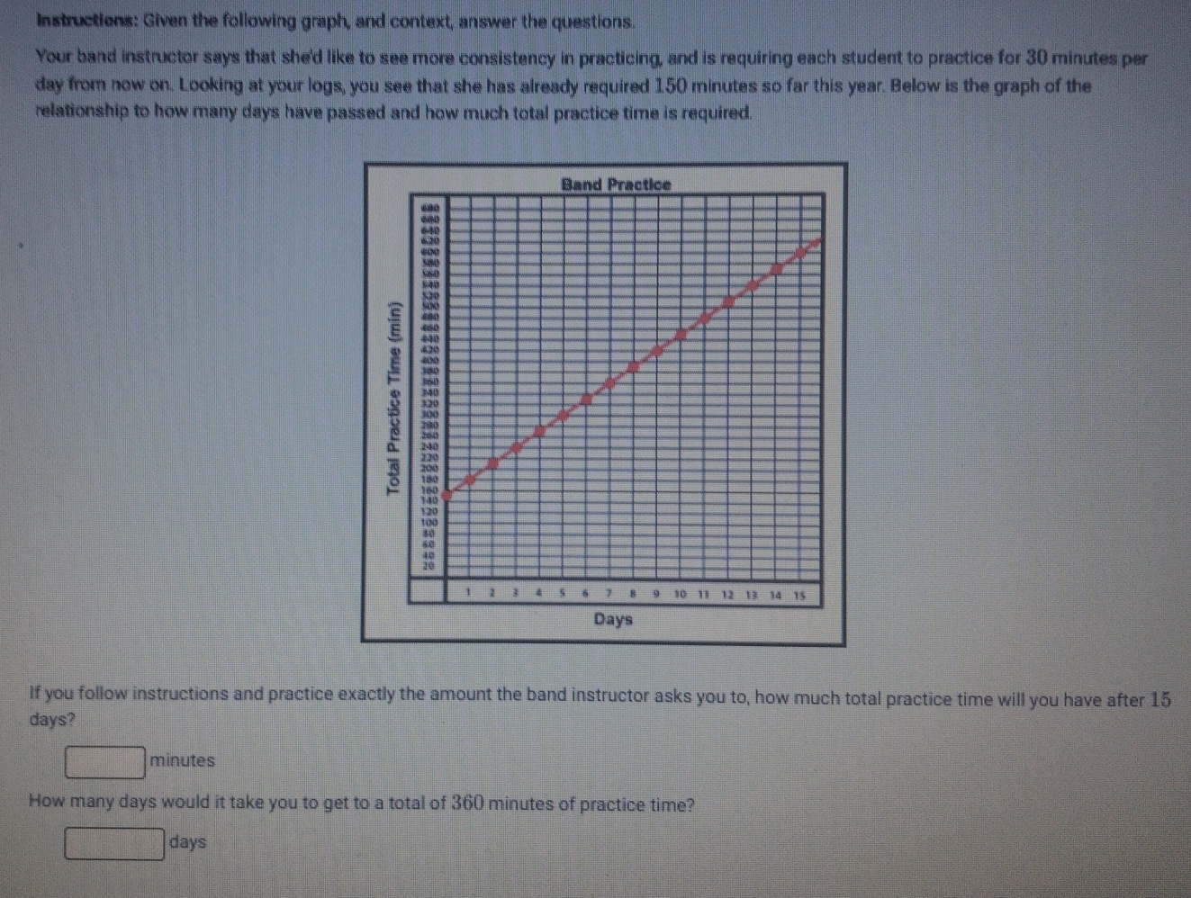 Instructions: Given the following graph, and context, answer the questions. 
Your band instructor says that she'd like to see more consistency in practicing, and is requiring each student to practice for 30 minutes per
day from now on. Looking at your logs, you see that she has already required 150 minutes so far this year. Below is the graph of the 
relationship to how many days have passed and how much total practice time is required. 
If you follow instructions and practice exactly the amount the band instructor asks you to, how much total practice time will you have after 15
days?
□ minutes
How many days would it take you to get to a total of 360 minutes of practice time?
□ days