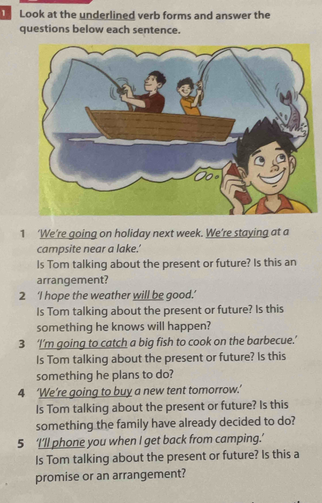 Look at the underlined verb forms and answer the 
questions below each sentence. 
1 ‘We’re going on holiday next week. We’re staying at a 
campsite near a lake.’ 
Is Tom talking about the present or future? Is this an 
arrangement? 
2 ‘I hope the weather will be good.’ 
Is Tom talking about the present or future? Is this 
something he knows will happen? 
3 ‘I’m going to catch a big fish to cook on the barbecue.’ 
Is Tom talking about the present or future? Is this 
something he plans to do? 
4 ‘We’re going to buy a new tent tomorrow.’ 
Is Tom talking about the present or future? Is this 
something the family have already decided to do? 
5 ‘I’ll phone you when I get back from camping.’ 
Is Tom talking about the present or future? Is this a 
promise or an arrangement?