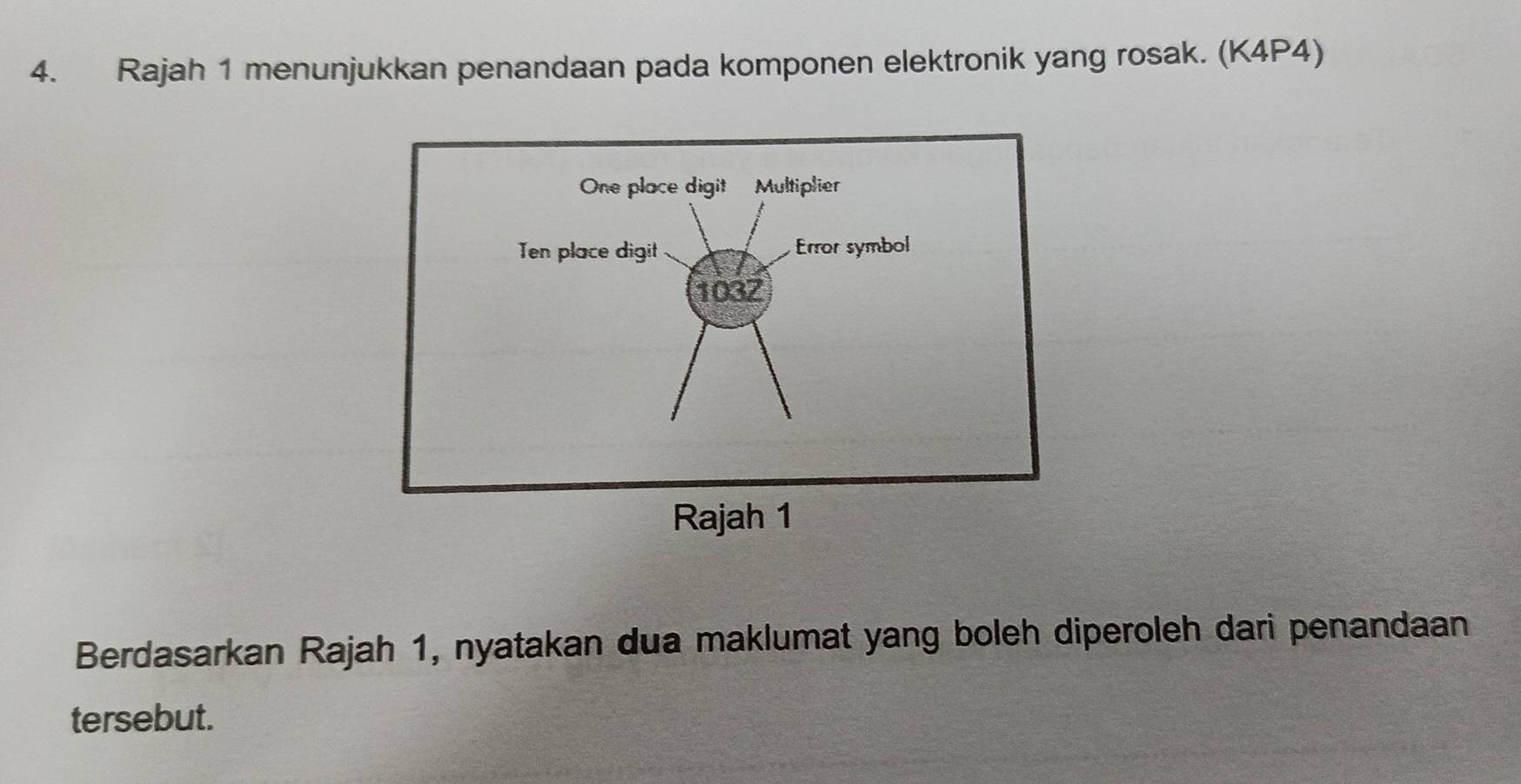 Rajah 1 menunjukkan penandaan pada komponen elektronik yang rosak. (K4P4) 
Berdasarkan Rajah 1, nyatakan dua maklumat yang boleh diperoleh dari penandaan 
tersebut.