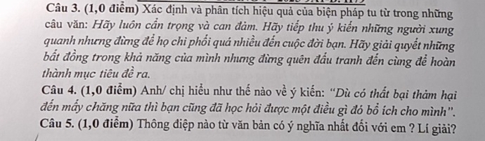 (1,0 điểm) Xác định và phân tích hiệu quả của biện pháp tu từ trong những 
câu văn: Hãy luôn cần trọng và can đảm. Hãy tiếp thu ý kiến những người xung 
quanh nhưng đừng để họ chi phối quá nhiều đến cuộc đời bạn. Hãy giải quyết những 
bất đồng trong khả năng của mình nhưng đừng quên đấu tranh đến cùng để hoàn 
thành mục tiêu đề ra. 
Câu 4. (1,0 điểm) Anh/ chị hiểu như thế nào về ý kiến: “Dù có thất bại thảm hại 
đến mấy chăng nữa thì bạn cũng đã học hỏi được một điều gì đó bổ ích cho mình''. 
Câu 5. (1,0 điểm) Thông điệp nào từ văn bản có ý nghĩa nhất đối với em ? Lí giải?