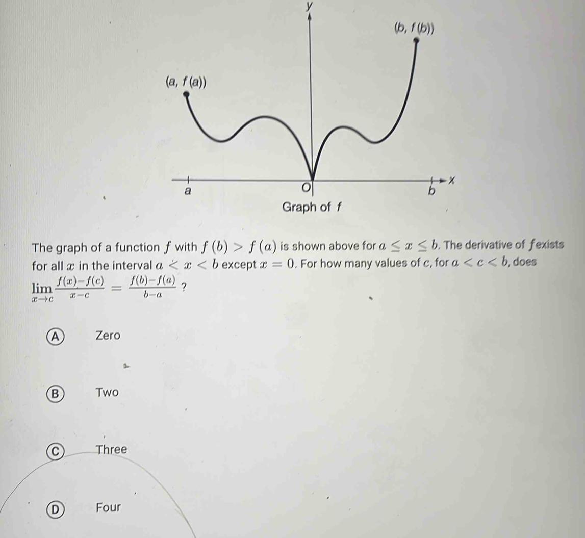 The graph of a function f with f(b)>f(a) is shown above for a≤ x≤ b. The derivative of fexists
for all x in the interval a except x=0. For how many values of c, for a , does
limlimits _xto c (f(x)-f(c))/x-c = (f(b)-f(a))/b-a  ？
A Zero
B Two
C) Three
D Four