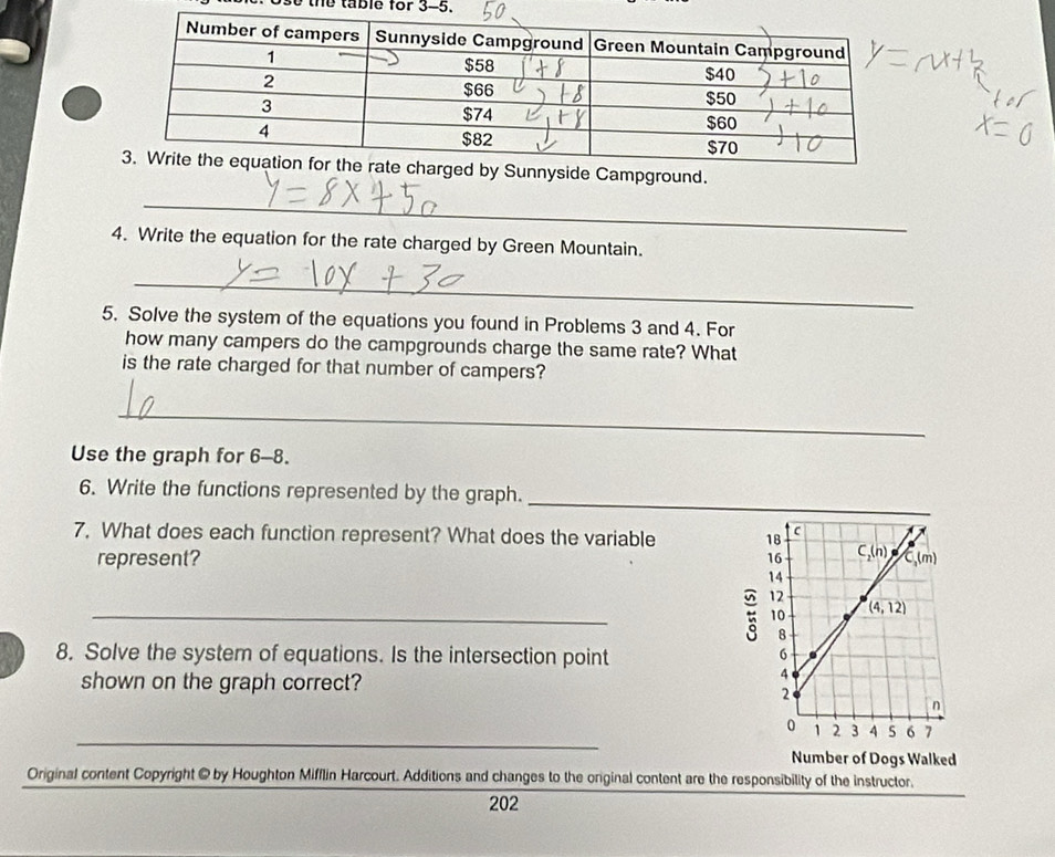 ose the table for 3-5.
ed by Sunnyside Campground.
_
4. Write the equation for the rate charged by Green Mountain.
_
5. Solve the system of the equations you found in Problems 3 and 4. For
how many campers do the campgrounds charge the same rate? What
is the rate charged for that number of campers?
_
Use the graph for 6-8.
_
6. Write the functions represented by the graph.
7. What does each function represent? What does the variable 
represent?
_
8. Solve the system of equations. Is the intersection point
shown on the graph correct?
_
Number of Dogs Walked
Original content Copyright @ by Houghton Mifflin Harcourt. Additions and changes to the original content are the responsibility of the instructor.
202