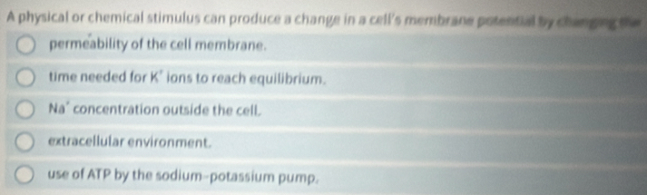 A physical or chemical stimulus can produce a change in a cell's membrane potential by changing the
permeability of the cell membrane.
time needed for K' ions to reach equilibrium.
Na° concentration outside the cell.
extracellular environment.
use of ATP by the sodium-potassium pump.