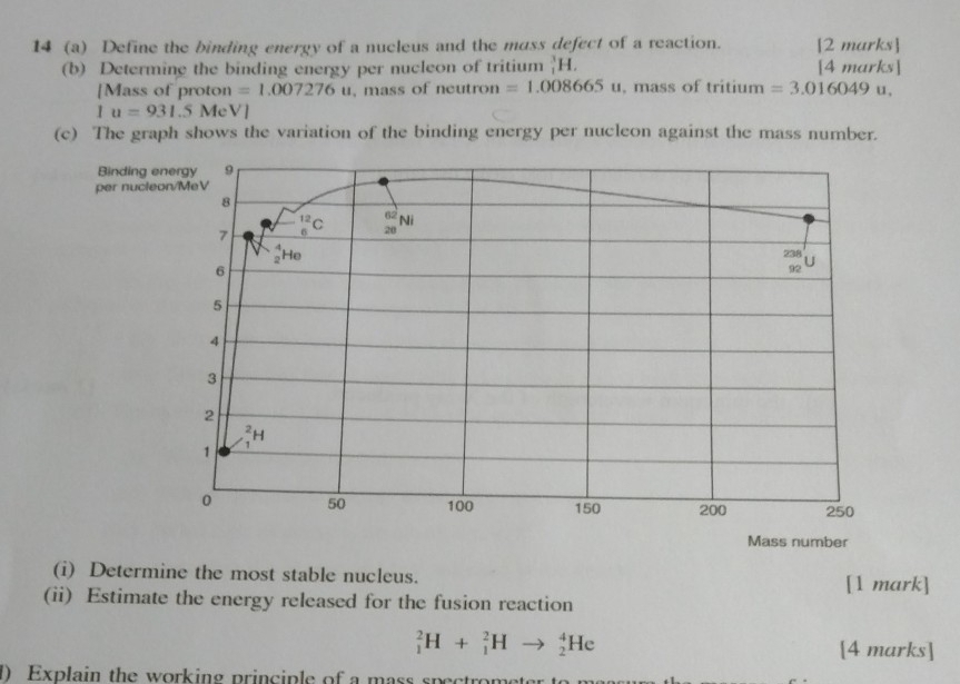 14 (a) Define the binding energy of a nucleus and the mass defect of a reaction. [2 marks] 
(b) Determing the binding energy per nucleon of tritium _1^(3H. [4 marks] 
[Mass of proton =1.007276u , mass of neutron =1.008665u , mass of tritium =3.016049u
1u=931.5MeVI
(c) The graph shows the variation of the binding energy per nucleon against the mass number. 
Binding energy 9 
per nucleon/MeV
8
62 Ni 
7 _6^(12)C 20)He
238 U
6
92
5
4
3
2^2r
1
0 50 100 150 200 250
Mass number 
(i) Determine the most stable nucleus. [1 mark] 
(ii) Estimate the energy released for the fusion reaction
_1^2H+_1^2Hto _2^4He
[4 marks] 
Explain the working principle of a mass spectromet