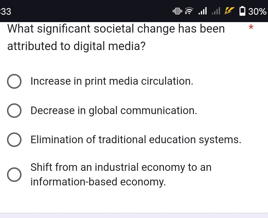 33 30%
What significant societal change has been *
attributed to digital media?
Increase in print media circulation.
Decrease in global communication.
Elimination of traditional education systems.
Shift from an industrial economy to an
information-based economy.