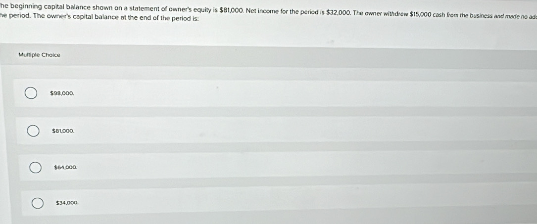Solved: he beginning capital balance shown on a statement of owner's ...