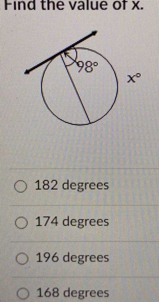 Find the value of x.
182 degrees
174 degrees
196 degrees
168 degrees