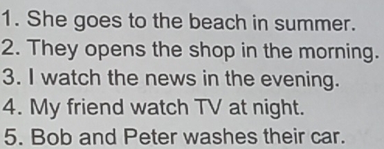 She goes to the beach in summer. 
2. They opens the shop in the morning. 
3. I watch the news in the evening. 
4. My friend watch TV at night. 
5. Bob and Peter washes their car.