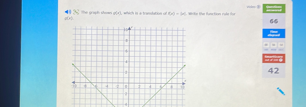 Video ② Quections 
1 x_A The graph shows g(x) , which is a translation of f(x)=|x| |. Write the function rule for adsmered
g(x).
66
Time 
ω 56
Searts 
out dl 100 ①
42
4