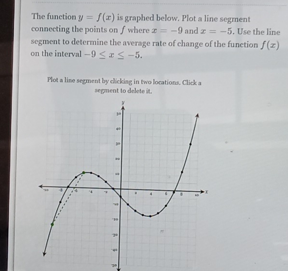 The function y=f(x) is graphed below. Plot a line segment
connecting the points on f where x=-9 and x=-5. Use the line
segment to determine the average rate of change of the function f(x)
on the interval -9≤ x≤ -5.
Plot a line segment by clicking in two locations. Click a
segment to delete it.
x_circ S