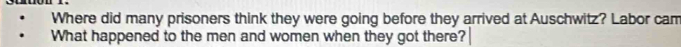Where did many prisoners think they were going before they arrived at Auschwitz? Labor cam 
What happened to the men and women when they got there?