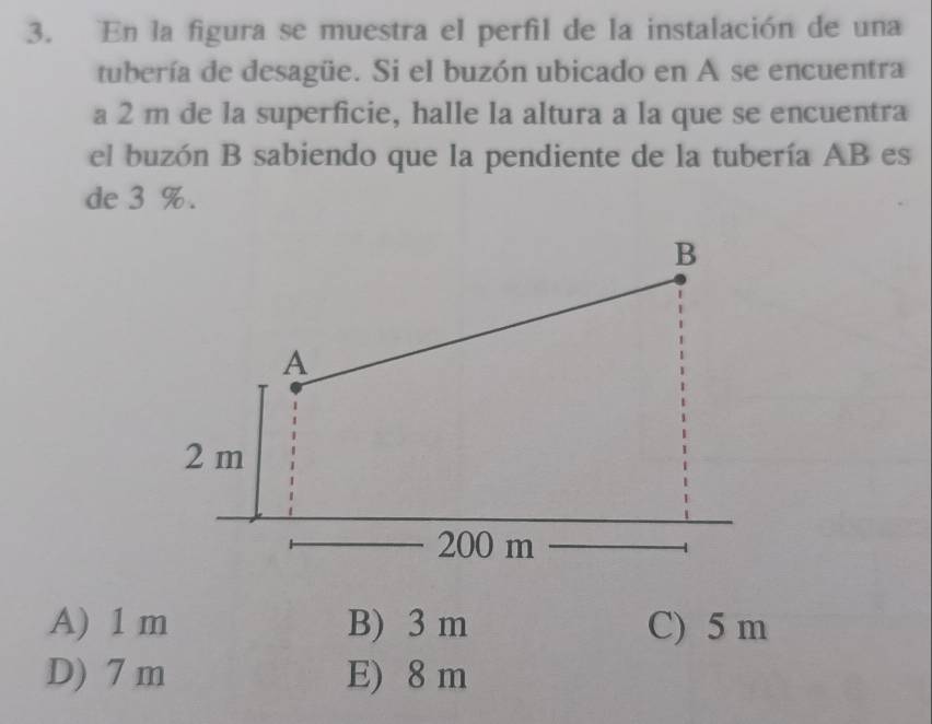 En la figura se muestra el perfil de la instalación de una
tubería de desagüe. Si el buzón ubicado en A se encuentra
a 2 m de la superficie, halle la altura a la que se encuentra
el buzón B sabiendo que la pendiente de la tubería AB es
de 3 %.
A) 1 m B) 3 m C) 5 m
D) 7 m E) 8 m