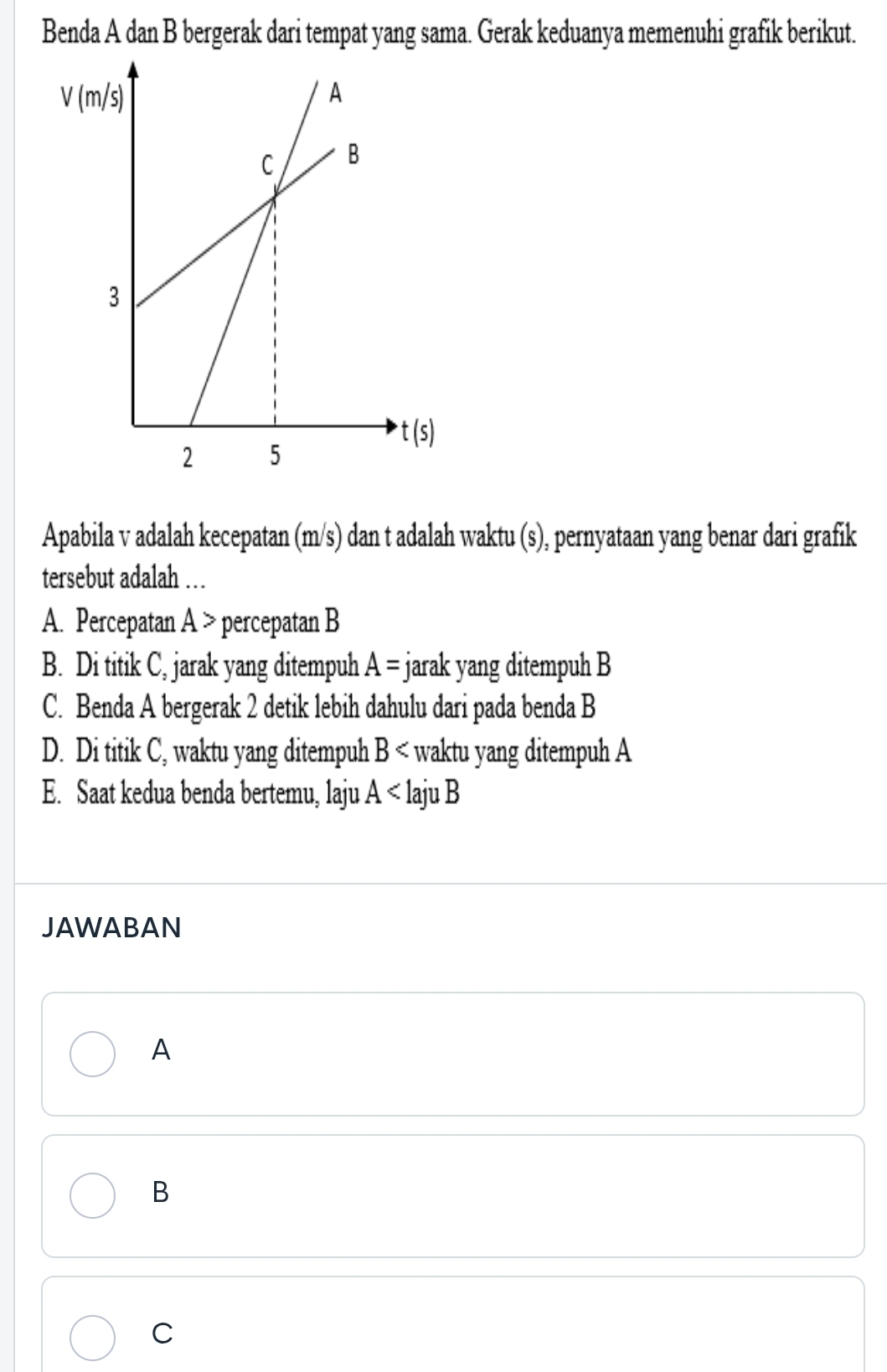 Benda A dan B bergerak dari tempat yang sama. Gerak keduanya memenuhi grafik berikut.
Apabila v adalah kecepatan (m/s) dan t adalah waktu (s), pernyataan yang benar dari grafik
tersebut adalah …
A. Percepatan A> percepatan B
B. Di titik C, jarak yang ditempuh A= jarak yang ditempuh B
C. Benda A bergerak 2 detik lebih dahulu dari pada benda B
D. Di titik C, waktu yang ditempuh B waktu yang ditempuh A
E. Saat kedua benda bertemu, laju A
JAWABAN
A
B
C