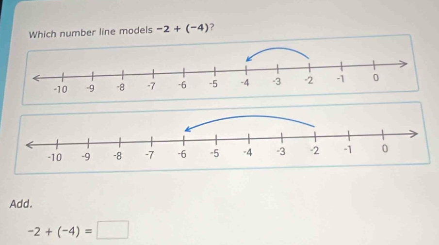 Which number line models -2+(-4) ? 
Add.
-2+(-4)=□