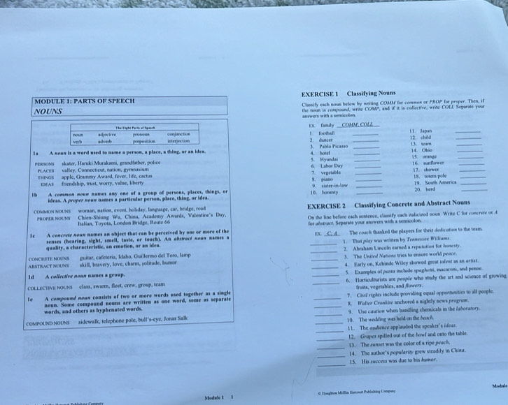 MODULE 1: PARTS OF SPEECH EXERCISE 1 Classifying Nouns
Classify each nous below by writing COMM for common or PROP for proper. Then, if
NOUNS the noun is compound, wrise COMP, and if it is collective, wrne COLL Separate your
answers with a semicolon
The Eight Parts of Speech ex family a
c  a     e   c  o
verb roum adjective pronous preposition interjection conjunction 1. football 2. dancer __12. chid 1 1. Sapan_
adverb 13. seam
_
Ia A nouw is a word used to name a person, a place, a thing, or an idea. 3. Pablo Picasso 4. hotel __15. orange 14. Ohio__
eRsIns skater, Haruki Murakami, grandfather, police 6. Labor Day 5. Hyundai __16. sunflower 17. shower__
PLACES vallley, Connecticat, nation, gymnasium
THINGS apple, Grammy Award, fever, life, cactus 8. piano 7. vegetable __18. totem pole_
IEAS friendship, trust, worry, valse, liberty
1h A common nouw names any one of a group of persons, places, things, or 10. honesty 9. sister-in-law __20. herd 19. South America__
ideas. A proper noww names a particular person, place, thing, or idea.
COMMON NOUNS woman, nation, event, holiday, language, car, bridge, road EXERCISE 2 Classifying Concrete and Abstract Nouns
PROPER NOUNS Chien-Shiung Wu, China, Academy Awseds, Valentine's Day, On the line before each sentence, classify each italicized noun. Write C for concrete or A
Italian, Toyota, London Bridge, Route 66
1c A concrete nown names an object that can be perceived by one or more of the for anstract. Separme your answers with a semicolon.
rX
senses (hearing, sight, smell, taste, or touch). An absfroct noun mames a The coach thanked the players for their dedication to the team.
quality, a characteristic, an emotion, or an idea. _1. That play was written by Tennessee Williums.
CONCRIITE NOUNS guitar, cafeteria, Idaho, Guillermo del Toro, lamp _2. Abraham Lincoln earned a reputution for honesty.
ABSTRACT NOUNS skill, bravery, love, charm, solitude, humor _3. The United Nations tries to ensure world peace.
1d A collective nown names a group. _4. Early on, Kehinde Wiley showed great tafent as an artiar.
6. Horticultarists are people who stady the art and science of growing
COLLECTIVE NOUNS class, swarm, fleet, crew, group, team __5. Examples of pustr include spaghenti, macaroni, and penne.
fruits, vegetables, and flowers.
le A compound noun consists of two or more words used together as a single _7. Civil rights include providing equal opportunities to all people.
noun. Some compound nouns are written as one word, some as separate
words, and others as hyphenated words. _8. Wafter Cronkite anchored a nightly news progrum.
COMPOUND NOUNS sidewalk, telephone pole, bull's-eye, Jonas Salïk __9. Use caution when handling chemicals in the laboratory.
10. The weuding was held on the beach
_
11. The andience applauded the speaker's idear.
_
12. Grapes spilled out of the bowl and onto the table
_
13. The sunset was the color of a ripe peach
_
14. The author's popularity grew steadily in China.
_
15. His success was due to his humor.
Module 1 1 O Houghton Mifllin Harcour Publisking Company Modale