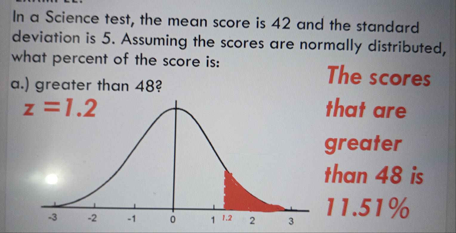 In a Science test, the mean score is 42 and the standard
deviation is 5. Assuming the scores are normally distributed,
what percent of the score is:
a.) greater than 48?
The scores
that are
greater
han 48 is
11.51%