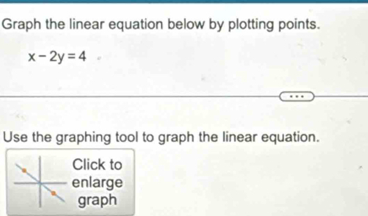 Graph the linear equation below by plotting points.
x-2y=4
Use the graphing tool to graph the linear equation. 
Click to 
enlarge 
graph